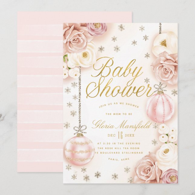 Invitación Winter Rubor Pink Floral Baby Shower (Anverso / Reverso)