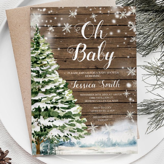 Invitación Winter Rustic Wood Evergreen Navidades Baby Shower (Subido por el creador)