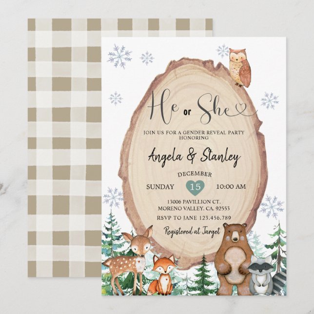 Invitación Winter Rustic Woodland revelan su género (Anverso / Reverso)