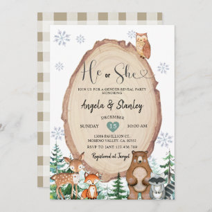 Invitación Winter Rustic Woodland revelan su género