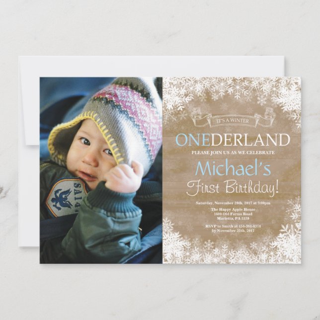 Invitación Winter Rústico Niño de Onederland Foto de cumpleañ (Anverso)