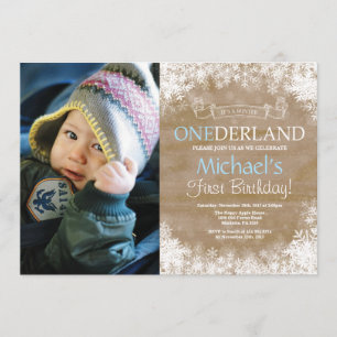 Invitación Winter Rústico Niño de Onederland Foto de cumpleañ