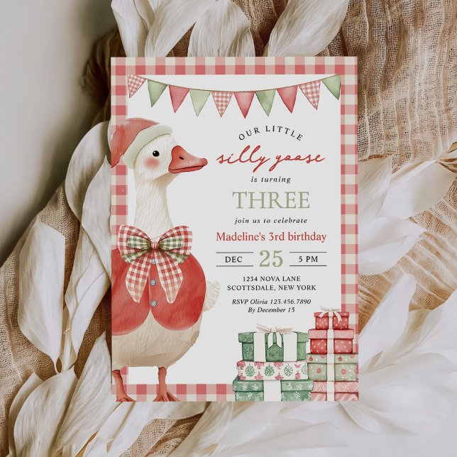 Invitación Winter Silly Goose Navidades Gingham tercer cumple (Subido por el creador)