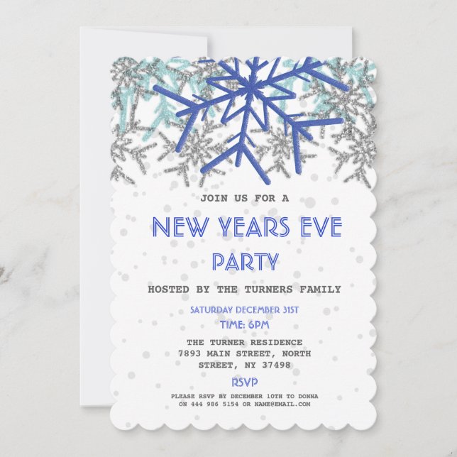 Invitación Winter Silver Blue Snowflake NUEVOS AÑOS EVE FIEST (Anverso)