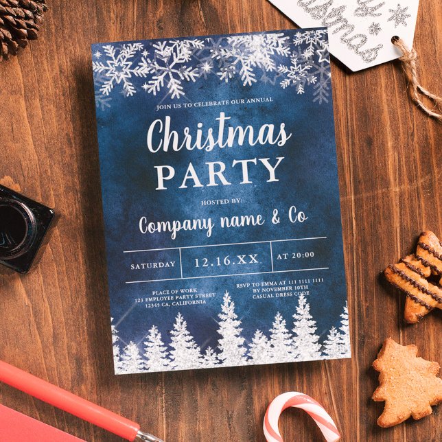 Invitación Winter silver snow pine navy corporate Christmas (Subido por el creador)