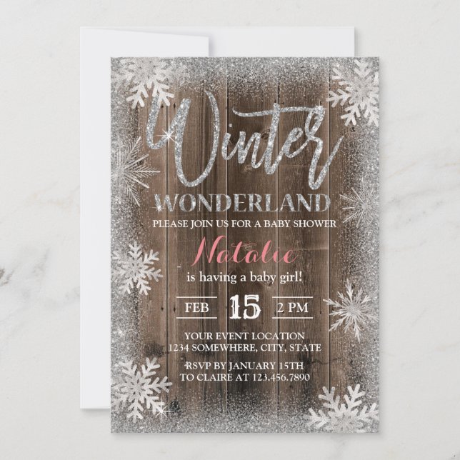 Invitación Winter Silver Snowflakes Barn Wood Baby Shower (Anverso)