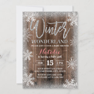 Invitación Winter Silver Snowflakes Barn Wood Baby Shower