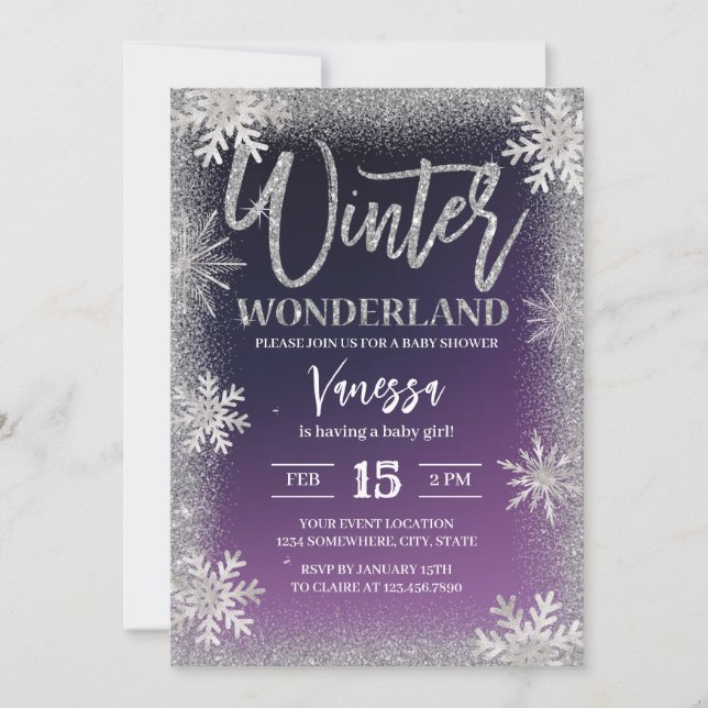 Invitación Winter Silver Snowflakes Purple Baby Shower (Anverso)