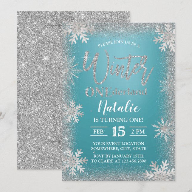 Invitación Winter Silver Snowflakes Turquoise Primer cumpleañ (Anverso / Reverso)