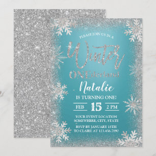 Invitación Winter Silver Snowflakes Turquoise Primer cumpleañ