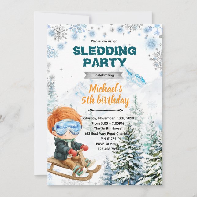 Invitación Winter Sledding party theme invitation (Anverso)