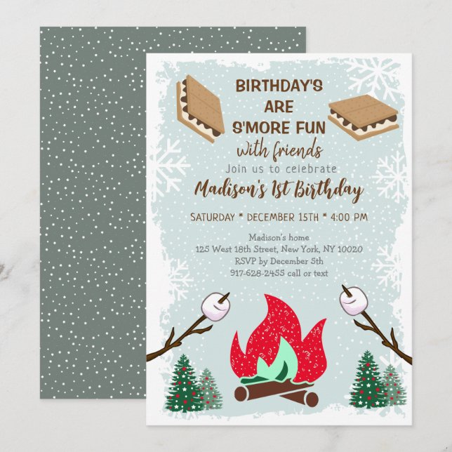 Invitación Winter S'mores Campfire Chocolate Cumpleaños (Anverso / Reverso)
