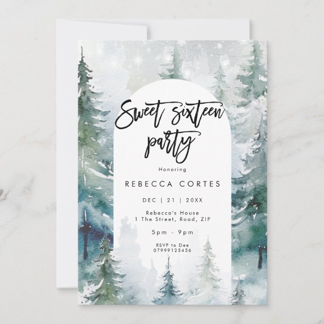 Invitación Winter Snow dulce dieciséis cumpleaños 16 (Anverso)