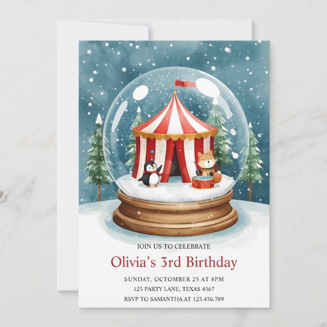 Invitación Winter Snow Globe Circus Birthday (Anverso)