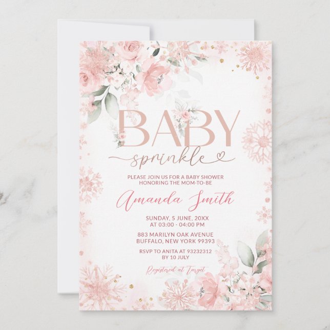 Invitación Winter Snow Pink Rose Gold Floral Baby Sprinkle (Anverso)