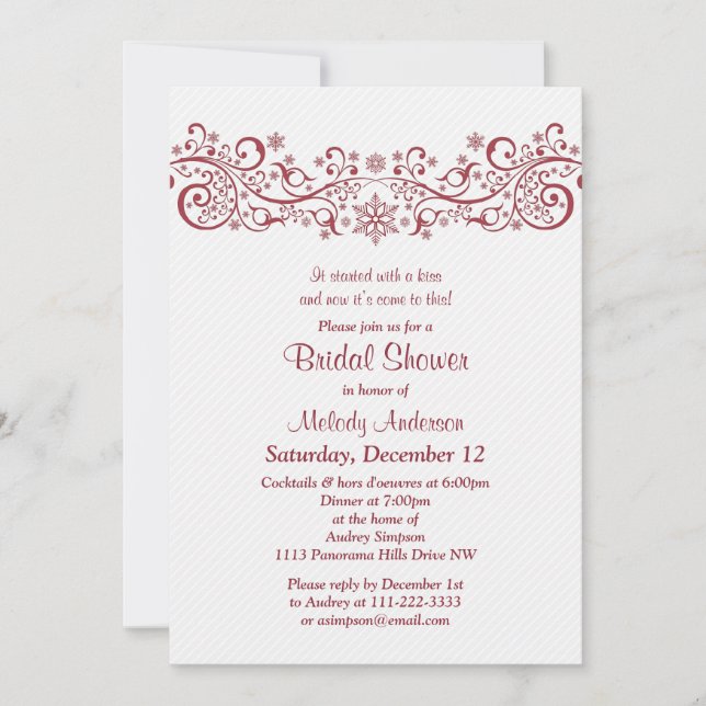 Invitación Winter Snowflake Floral Red White Bridal Shower (Anverso)