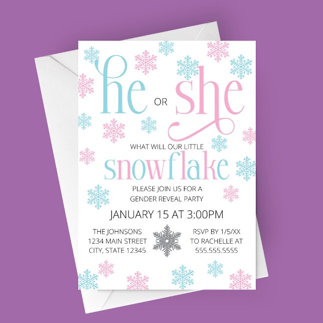 Invitación Winter Snowflake Gender Reveal Invitation (He or She Snowflake Be Winter Gender Reveal Party with Pink and Blue Snowflakes)