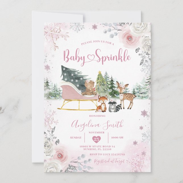 Invitación Winter Snowflake Pastel Pink Sleigh Baby Sprinkle (Anverso)