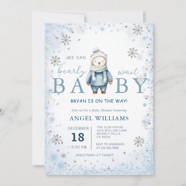 Invitación  Winter Snowflake We Can Bearly Wait Baby Shower (Anverso)