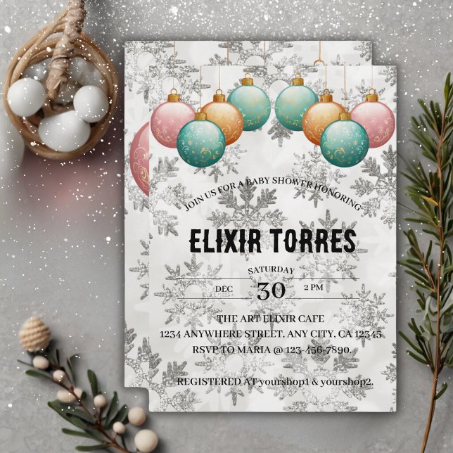 Invitación Winter Snowflakes Balls Ornaments Baby Shower (Subido por el creador)