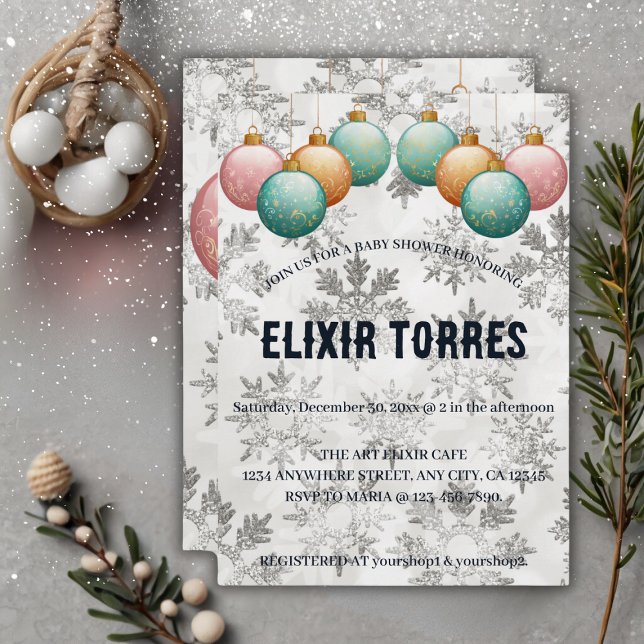 Invitación Winter Snowflakes Balls Ornaments Baby Shower (Subido por el creador)