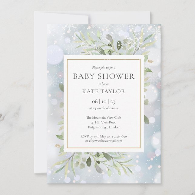 Invitación Winter Snowflakes Greenery Baby Shower (Anverso)