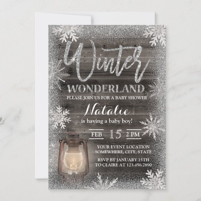 Invitación Winter Snowflakes & Lantern Barn Wood Baby Shower (Anverso)