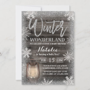 Invitación Winter Snowflakes & Lantern Barn Wood Baby Shower