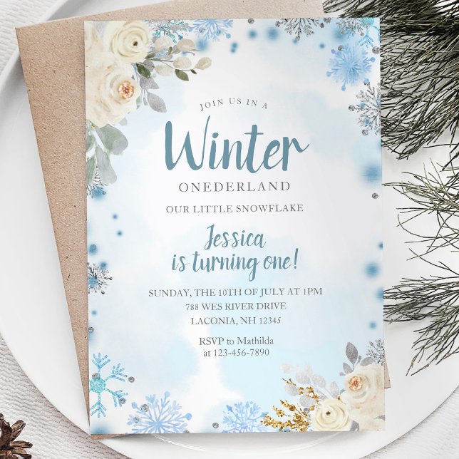 Invitación Winter Snowflakes Onederland 1er cumpleaños Floral (Subido por el creador)