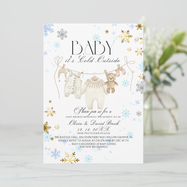 Invitación Winter Snowflakes Silver and Gold  Baby Shower  (Anverso de pie)