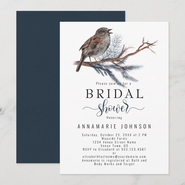 Invitación Winter Song Watercolor Bird Branch Bridal Shower (Anverso / Reverso)