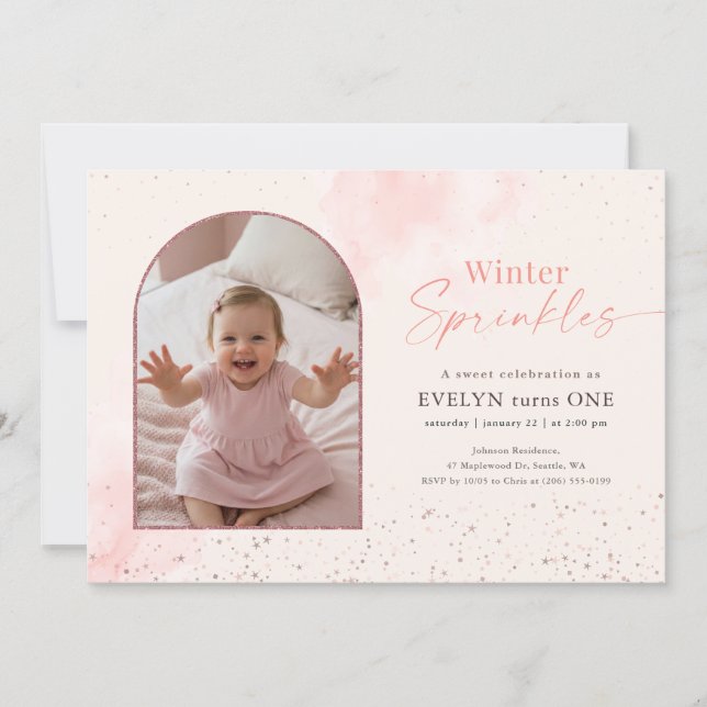 Invitación Winter Sprinkles Baby Arch Photo First Birthday (Anverso)