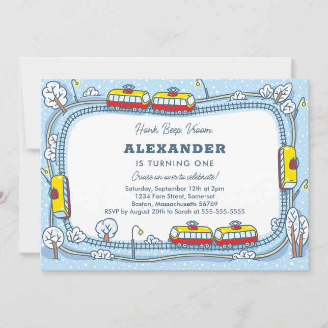 Invitación Winter Street Trams Niños Transporte Cumpleaños (Anverso)