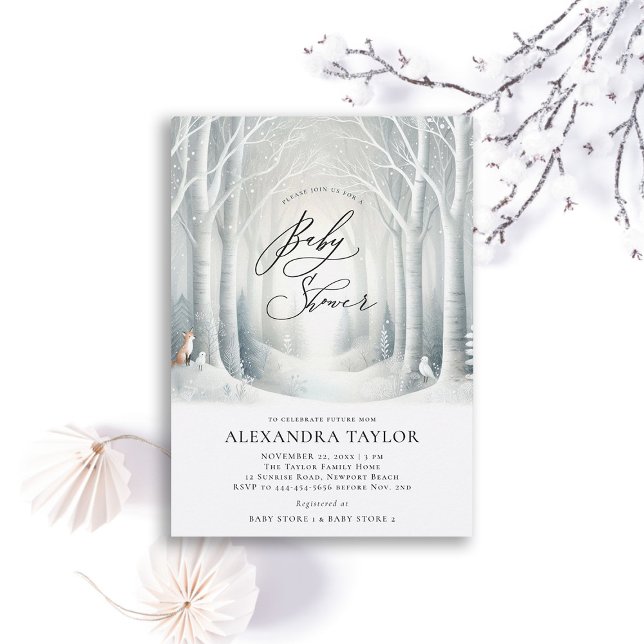 Invitación Winter Sun Forest Woodland Fox Neutral Baby Shower (winter baby shower invitation neutral white wonderland enchanted forest woodland fox birds snowy whi)