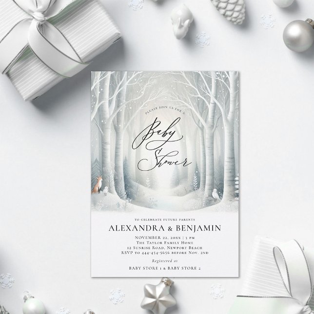 Invitación Winter Sunrise Forest Fox Coed Neutral Baby Shower (winter baby shower invitation neutral white wonderland enchanted forest woodland fox bird cute coed )