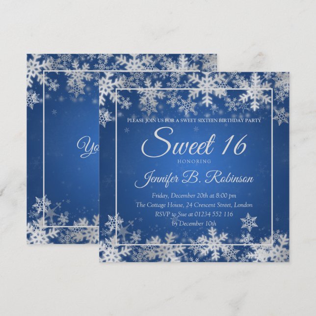 Invitación Winter Sweet 16 Birthday Blue Silver Snowflakes (Anverso / Reverso)