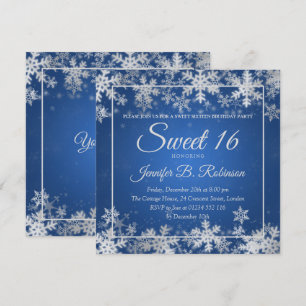 Invitación Winter Sweet 16 Birthday Blue Silver Snowflakes