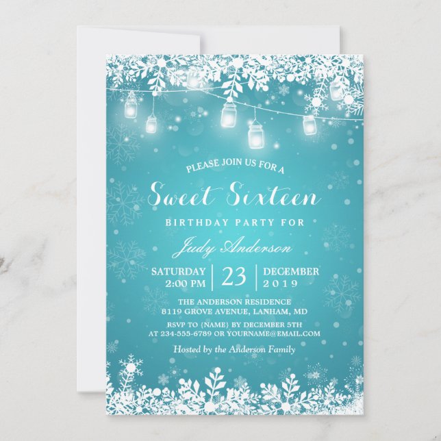 Invitación Winter Sweet 16 Dieciséis Luces Turquesa De Snowfl (Anverso)