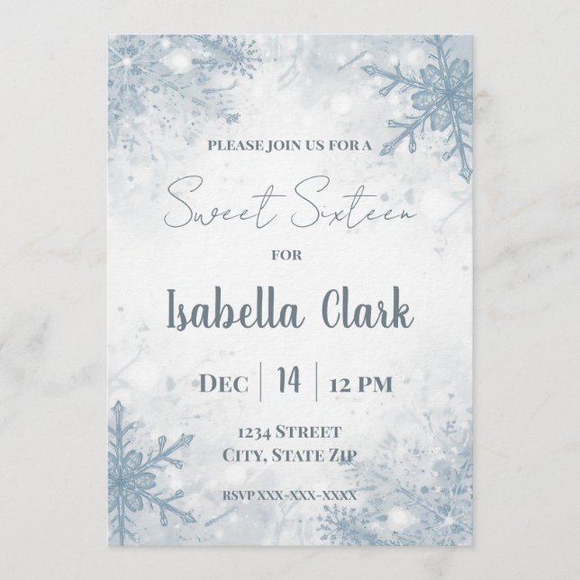 Invitación Winter Sweet Sixteen Invitation – Soft Snowflakes (Anverso)