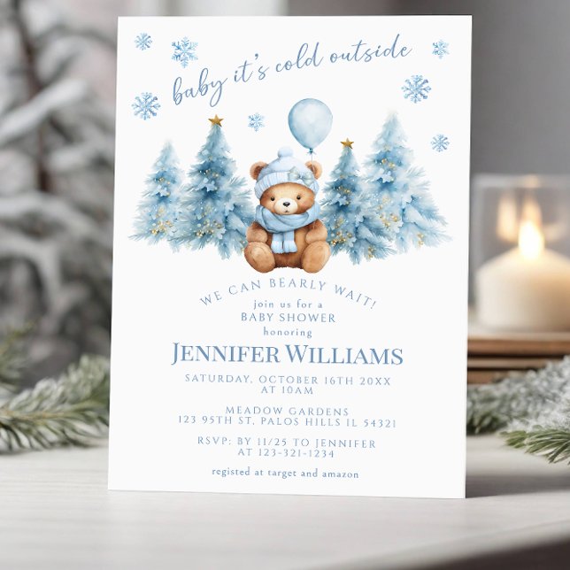 Invitación Winter Teddy Bear Pine Snowflakes Baby Girl Shower (Subido por el creador)