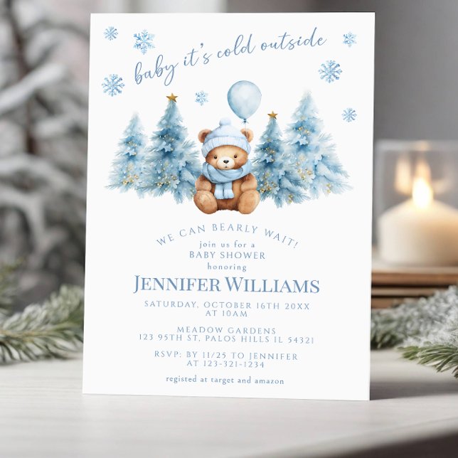 Invitación Winter Teddy Bear Pine Trees Baby Boy Shower (Subido por el creador)