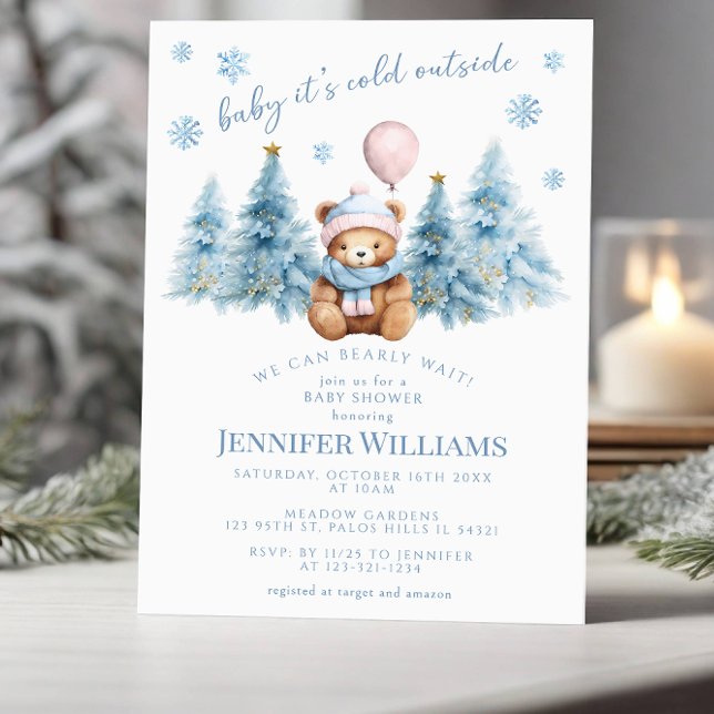 Invitación Winter Teddy Bear Pine Trees Baby Girl Shower (Subido por el creador)