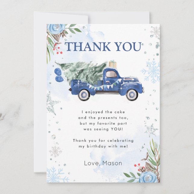 Invitación Winter Truck Blue Boy Birthday Thank You Card (Anverso)