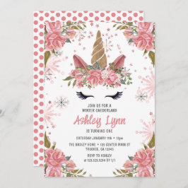 Invitación Winter Unicorn Primer cumpleaños Rubor Pink