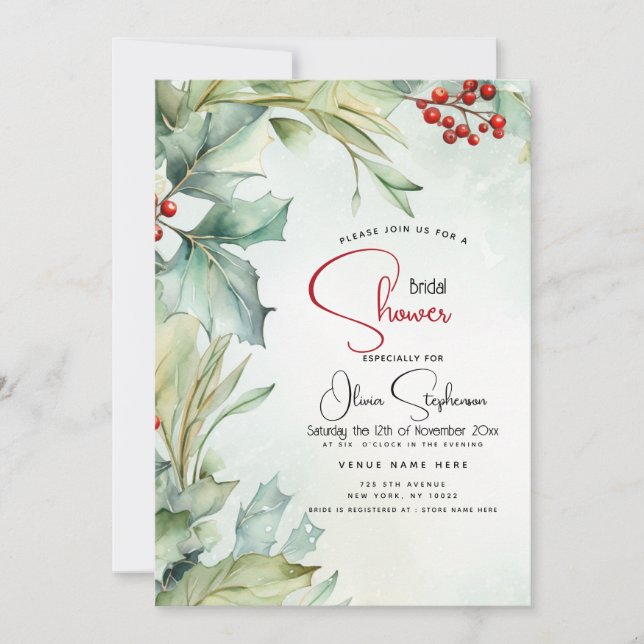 Invitación Winter Watercolor Winter Holly y Berries (Anverso)