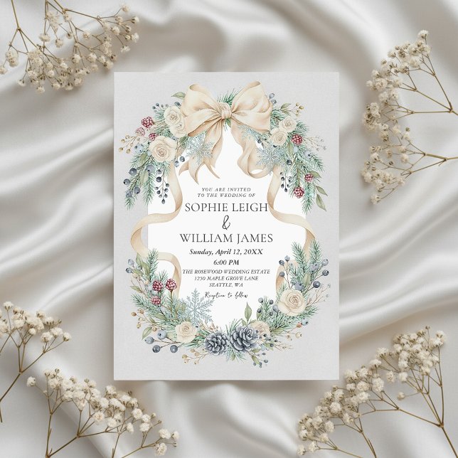 Invitación Winter Wedding Invitation with Cream Bow and Flora (elegant winter wedding invitation)