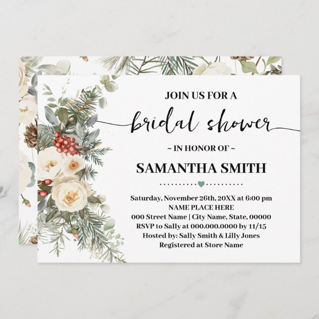 Invitación Winter White Floral Bridal Shower (Anverso / Reverso)