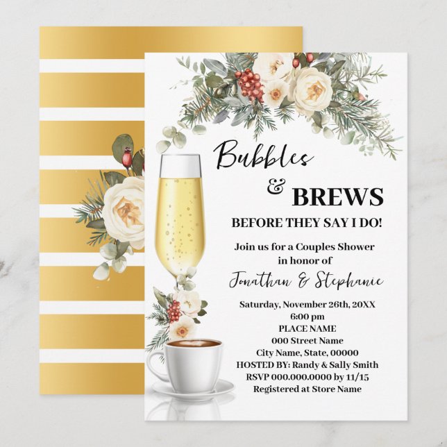 Invitación Winter White Floral Bubbles & Brews Coffee Shower (Anverso / Reverso)
