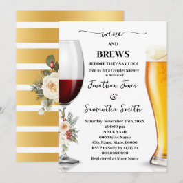 Invitación Winter White Floral Wine and Brews Couples Shower