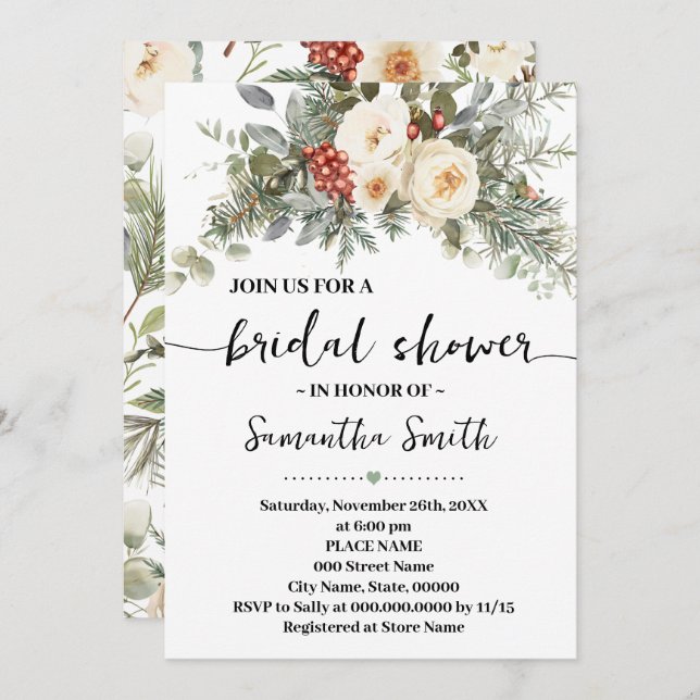 Invitación Winter White Flowers Bridal Shower (Anverso / Reverso)